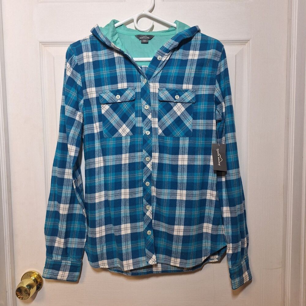 Eddie Bauer Blue White Plaid Hooded Flannel Button Up Shirt Cabincore Size S